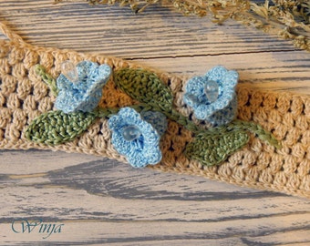 Crochet bracelet, bluebell flower bracelet, wrap bracelet, braided bracelet, linen bracelet, boho textile bracelet, romantic jewelry