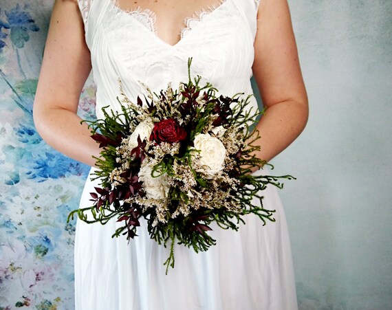 Medium ivory burgundy wine green brown rustic wedding BOUQUET, Sola Flowers, preserved cypress, cones, cedar rose, Burlap, Lace, Bridesmaids