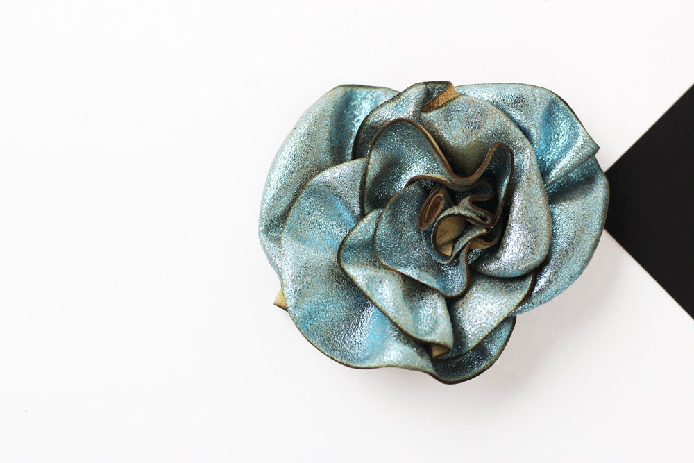 Blue Leather Brooch/Flower Leather Brooch/Metallic Leather Brooch/ Antique Blue Leather Pin/Rose Brooch – Rose01