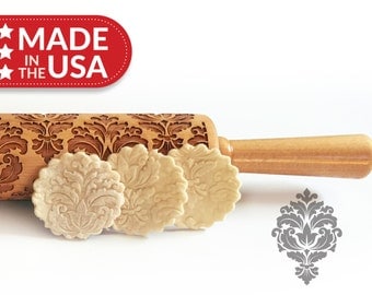 Damask Solid Maple Embossing Rolling Pin, Laser Engraved Rolling Pin. Patterned Rolling Pin