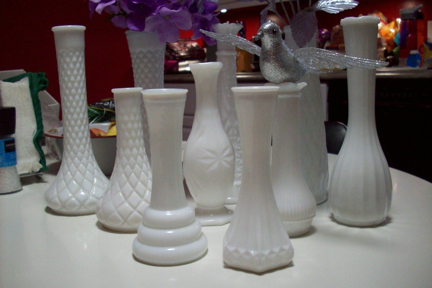 White milk glass bud vases/ Vintage set of wedding centerpiece