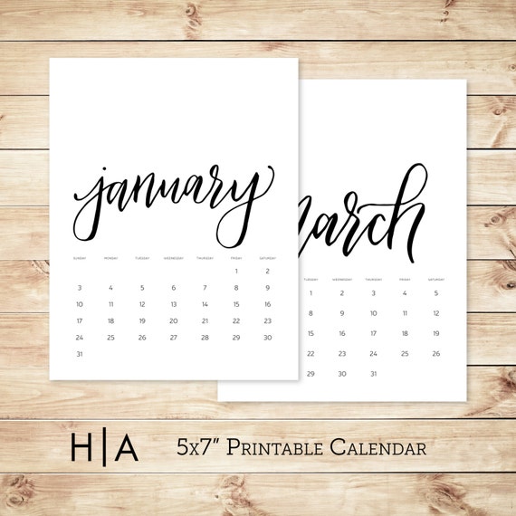SALE Printable 2017 Calendar 5x7 Minimalist Black And