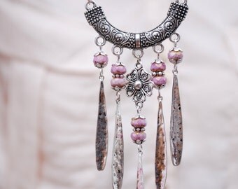 Rustic necklace, Bohemian jewellery, Boho silver jewelry, delicate unique necklace, gypsy pink necklace