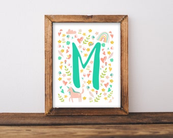 Unicorn Nursery Wall Art Printable, Whimsical Baby Name Letter Baby Shower Gift, Rainbow Unicorns Personalized Bedroom Decor Birthday