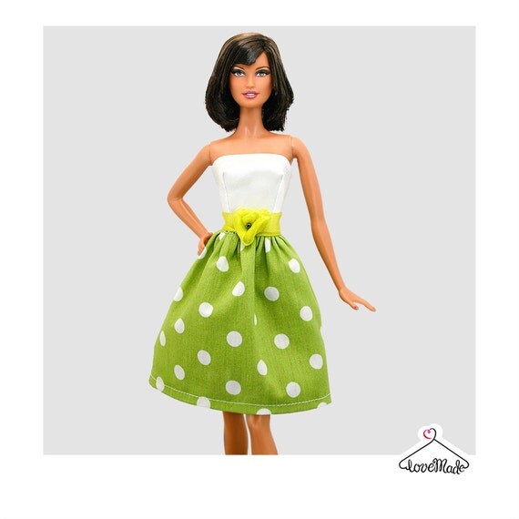 Barbie Dress White/Green Polka Dot Dress Handmade Barbie