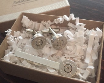 Matching Set 45 Long Colt Nickel Plated Bullet Cufflinks and Tie Bar