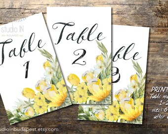 Yellow Wedding Table Numbers 1-20, Printable Table Numbers, rustic table number, boho table numbers, Wedding Printable, Wedding Signage,