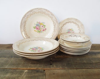 SALE*** 1940's Royal China 22k Gold China - Sebring Ohio, Made in the USA. Gold Gilded Edges with Pink and Blue Floral Pattern. Shabby Chic!