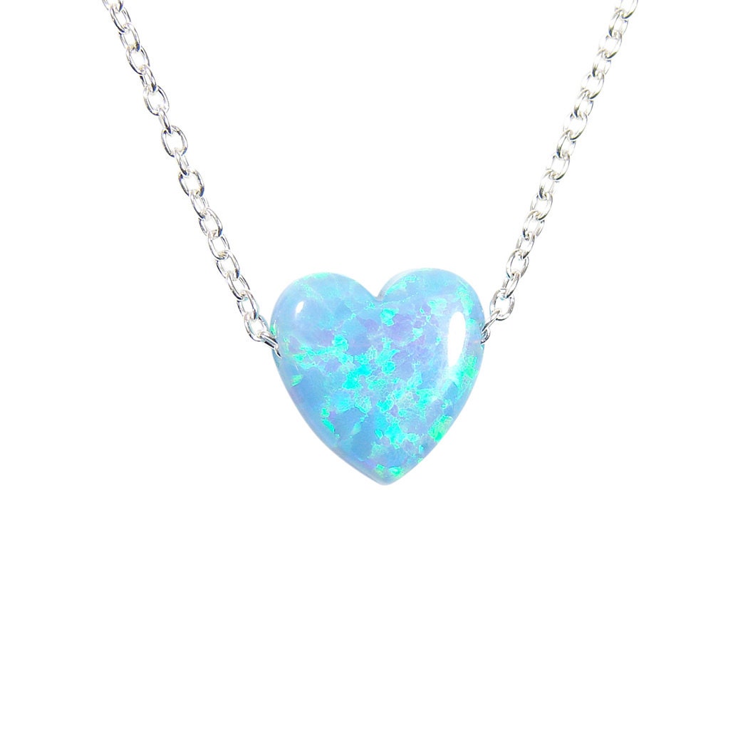 Heart Pendant Necklace Light Blue Opal Charm Sterling Silver