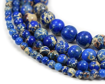 Natural Sea Sediment Jasper Beads 4m 6mm 8mm 10mm Round Blue Imperial Impression Stone, 15.5" Full Strand, Wholesale