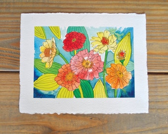 Original Watercolor painting of Zinnias, floral watercolor, watercolor flowers, watercolor and ink art, nursery decor
