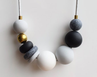 Gray Statement necklace, Black and White necklace, Handmade beaded necklace, Modern Chunky necklace, Polymer Clay necklace, Fashion jewelry