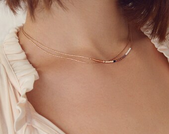 Minimalist Rose Gold Dainty Necklace with Small Beads // Thin Layering Boho Necklace // Delicate Gift Multicolor Necklace