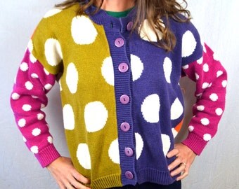 Vintage 80s Fun Polka Dot Cardigan Sweater - Express Tricot