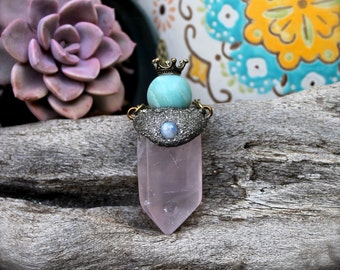 Crowned Crystal Necklace - Rose Quartz Jewelry - Moonstone & Amazonite Necklace - Wiccan Jewelry - Pink Necklace - Boho Chic Crystal Jewelry