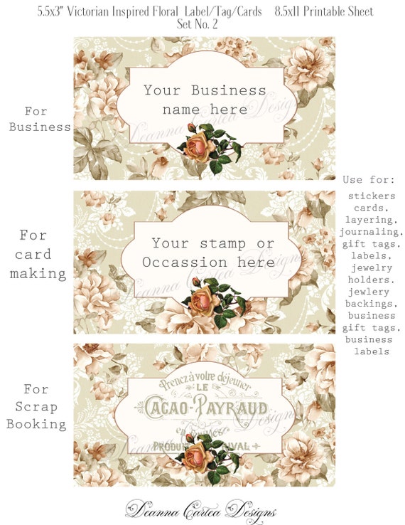 Victorian floral printable Tags 5.5x3 shabby chic