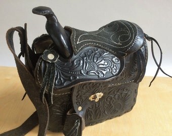 Vintage Southwestern Tooled Leather Saddle Purse Black Floral Rivets Long Strap Boho