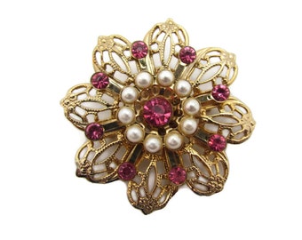 Flower Brooch Rhinestone Brooch Gold Filigree Jewelry Pearl Vintage Art Nouveau Pink Rhinestones Pearls Victorian Jewelry Lapel Coat Pins