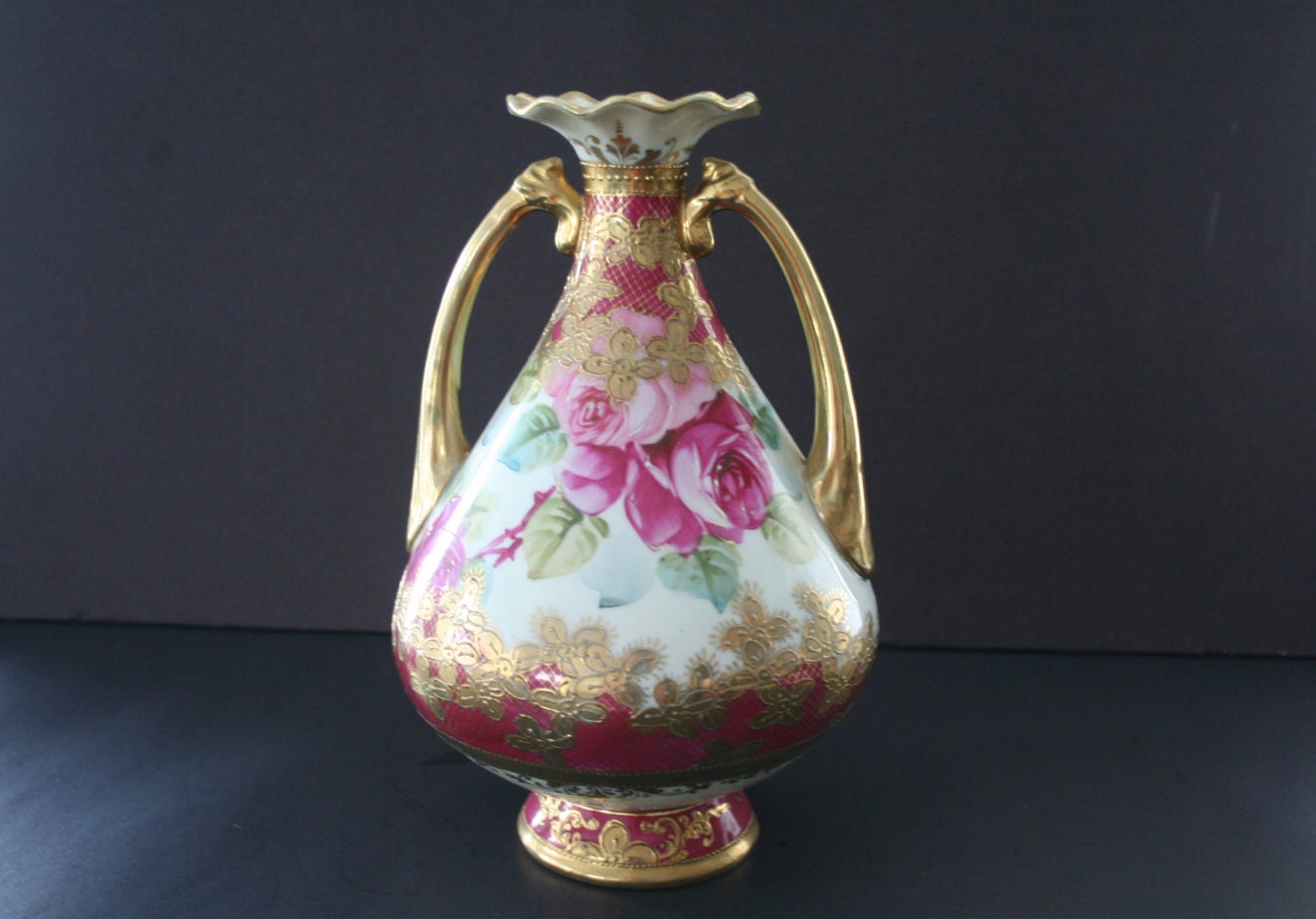 Antique Nippon Double Handle Vase Pink Red by MyOliviaVintage