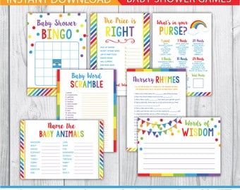 rainbow baby shower games, colorful baby shower games, girl, boy, gender neutral, bingo, the price is right, advice card, baby animals