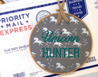 Unicorn Hunter - Lularoe Sign Wood Embroidery Hoop Wall Art from The Funny Stitch - READY TO SHIP Gift for Consultant or Customer