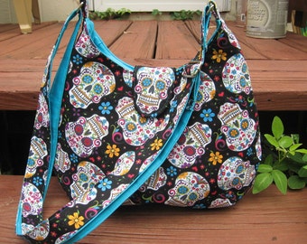 CROSS BODY SKULL Purse, Cross Body Skull Hobo Bag, Sugar Skull Bag, Large Hobo, Day Of The Dead Bag, Skull Shoulder Bags, Made To Order