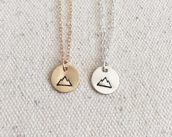 Tiny Mountain Necklace - Everyday Necklace - 14k Gold Filled and Sterling Silver - Hand Stamped Jewelry - Simple Necklace- Gold Disc