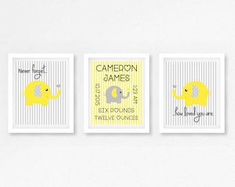 Elephant Nursery Art, Grey and Yellow Wall Art, Gender Neutral Nursery Decor, Birth Announcement Art, Yellow Grey Wall Art, New Baby Gift