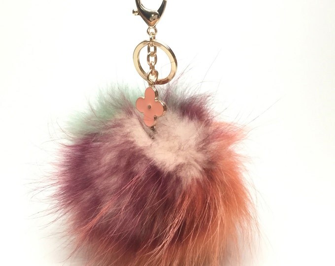 NEW Collection Dimensional Swirl™ Multi Color Raccoon Fur Pom Pom bag charm clover flower charm keychain piece no.255