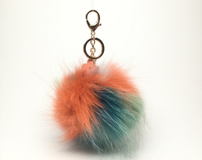 NEW Collection Dimensional Swirl™ Multi Color Raccoon Fur Pom Pom bag charm clover flower charm keychain piece no.287