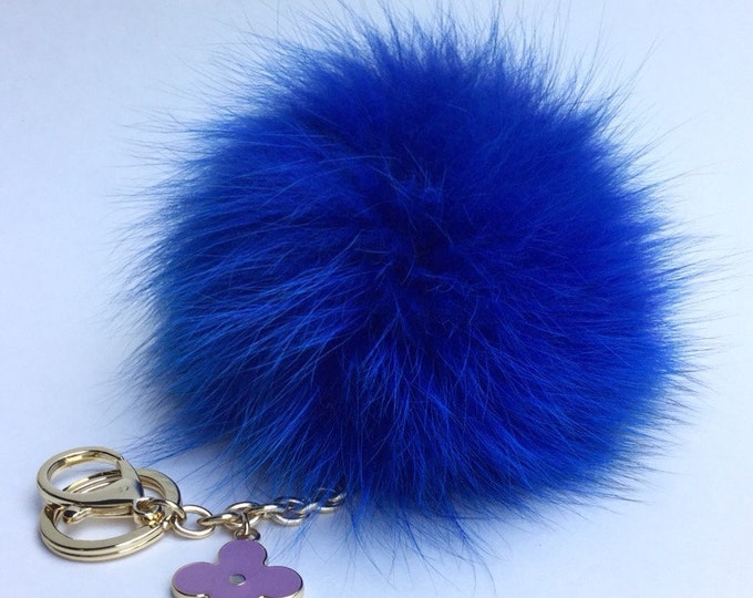Royal Blue Fur Pompon bag charm pendant Fur Pom Pom keychain with flower charm