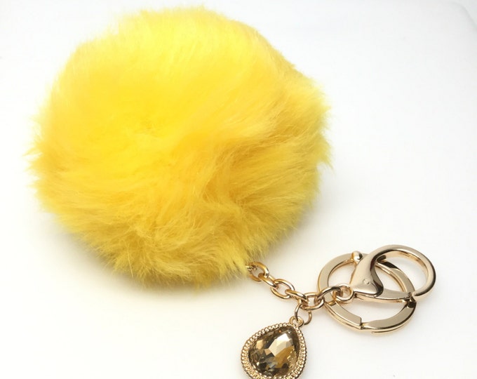 NEW! Faux Rabbit Fur Pom Pom bag Keyring keychain artificial fur puff ball in Yellow Crystals Collection