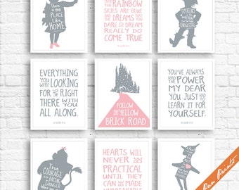 Wizard of OZ Quotes and Characters - Set of 9 Art Prints (Unframed) (Featured on Pink and Grey) Kids Room Art Prints