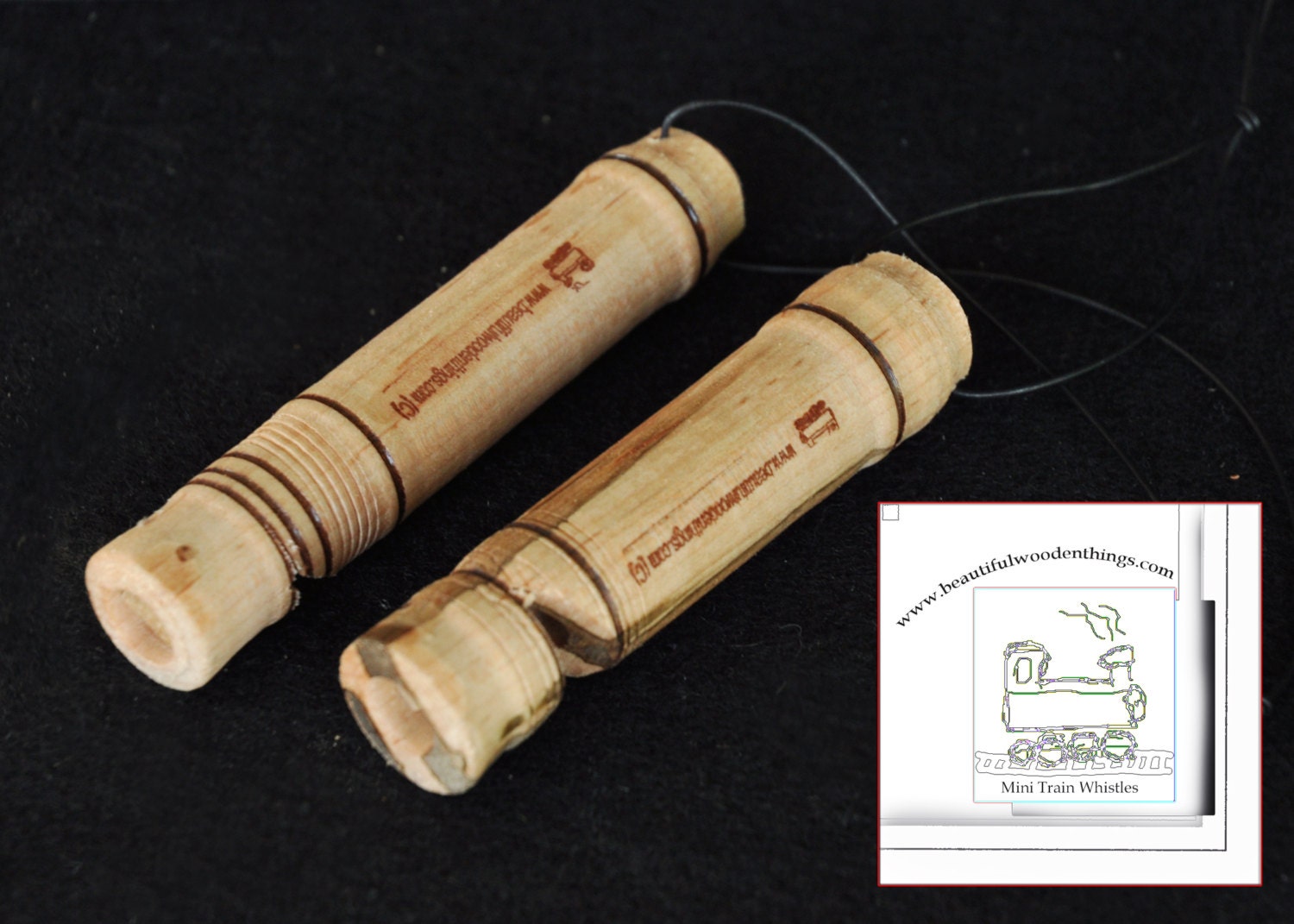 2Mini wooden train whistles
