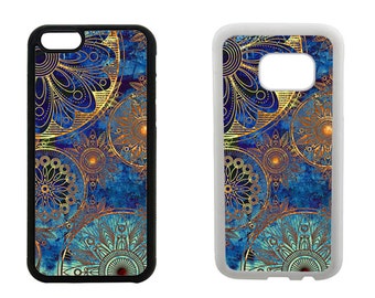 Rubber bumper phone case, iPhone 7, 6, 6S, Plus, SE, 5C, 5S, 4S, Samsung Galaxy S7, S6, Edge, S5 S4 Mini, blue Mandala vintage cover. R223