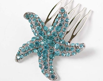 Blue Starfish Hair Pin, Blue Bridal Comb, Beach Wedding Hair Accessory, Aquamarine Crystal Starfish Comb, Rhinestone Starfish Hair Clip