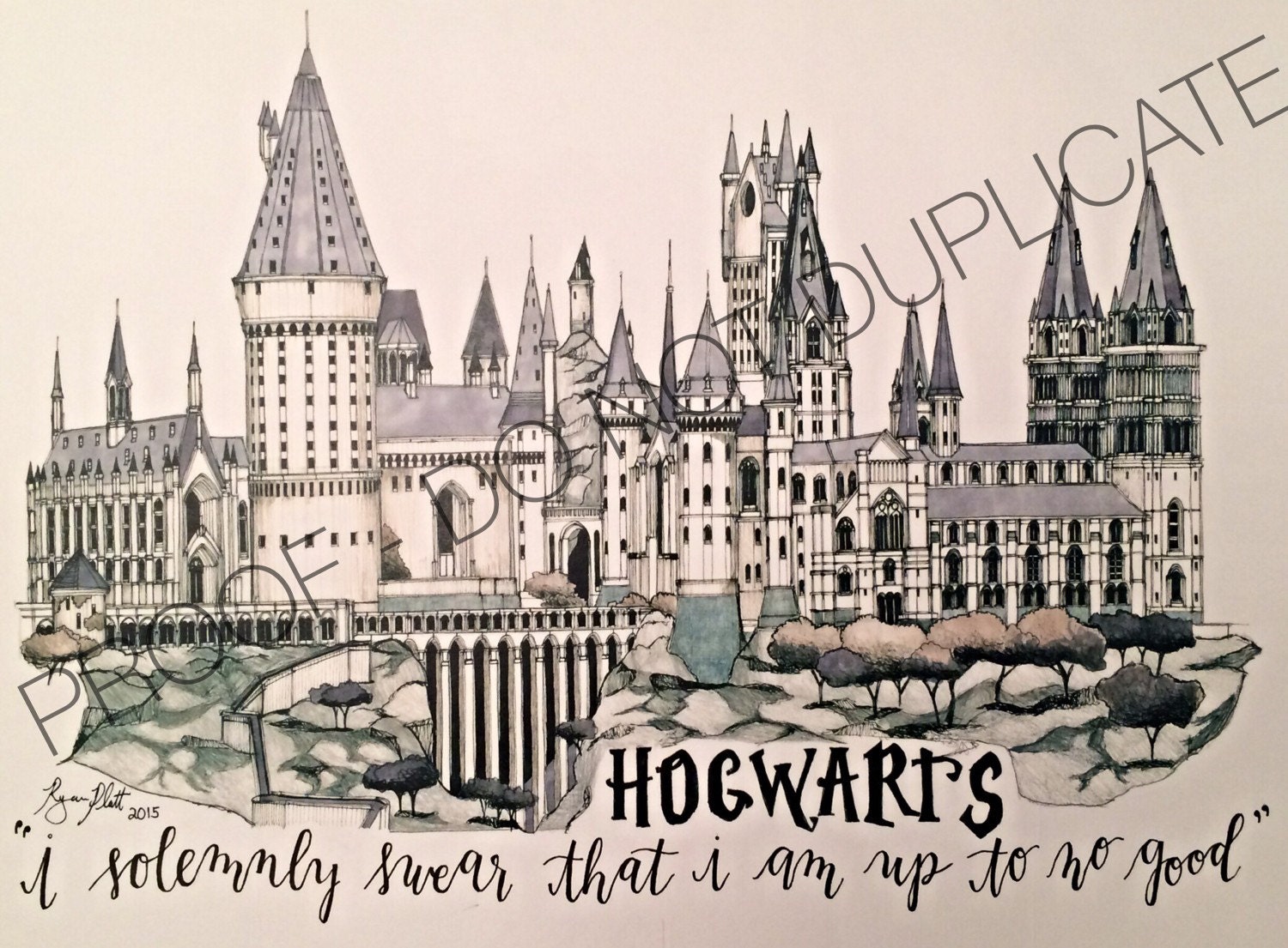 Harry Potter Hogwarts Ink Drawing with Custom Quote