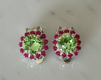 Swarovski Peridot & Fuchsia Crystal Halo Clip On Earrings, Silver