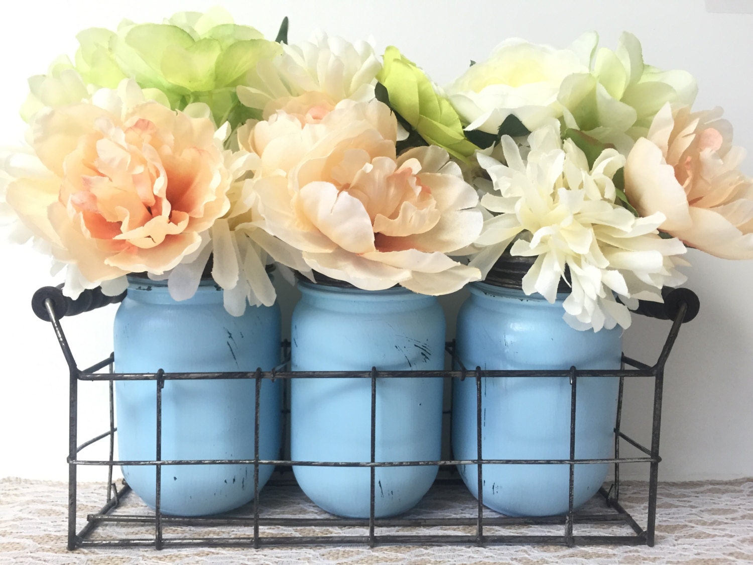 Wire Basket with Set of 3 Jars Painted & Distressed Mason
