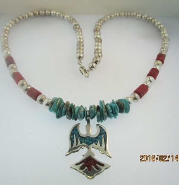 Peyote Bird Turquoise & Coral Inlaid Sterling Bead Necklace