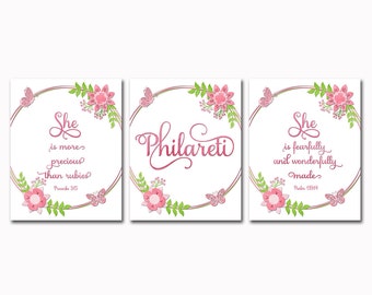 Floral Nursery quotes Scripture prints christian wall art Baby girl room decor Inspirational artwork Motivational poster shower gift name
