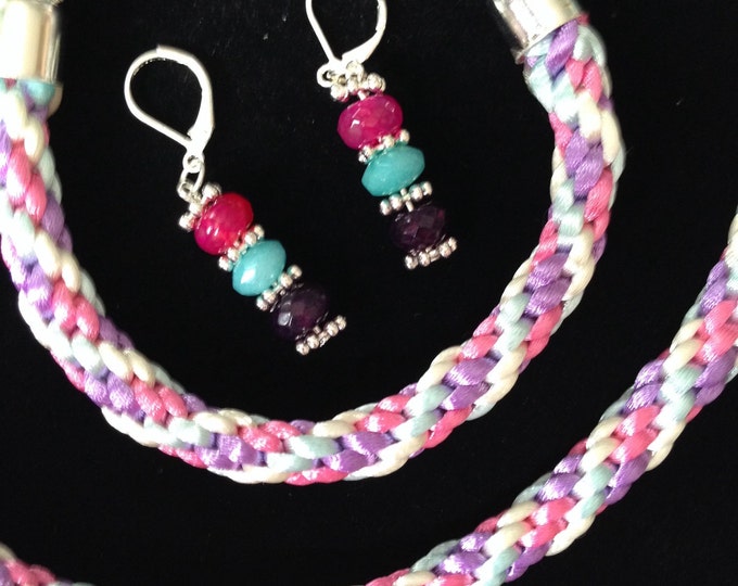 Pastel satin Kumihimo and agate jewellery set, pink Kumihimo necklace,colourful Kumihimo bracelet, agate earrings, Kumihimo agate jewellery