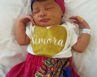 Baby Girl Skirt & Matching Headwrap (newborn, 0-3, 3-6, 6-12mths) African Print Pink, Purple, White, Green or Orange Dashiki or Yellow Kente