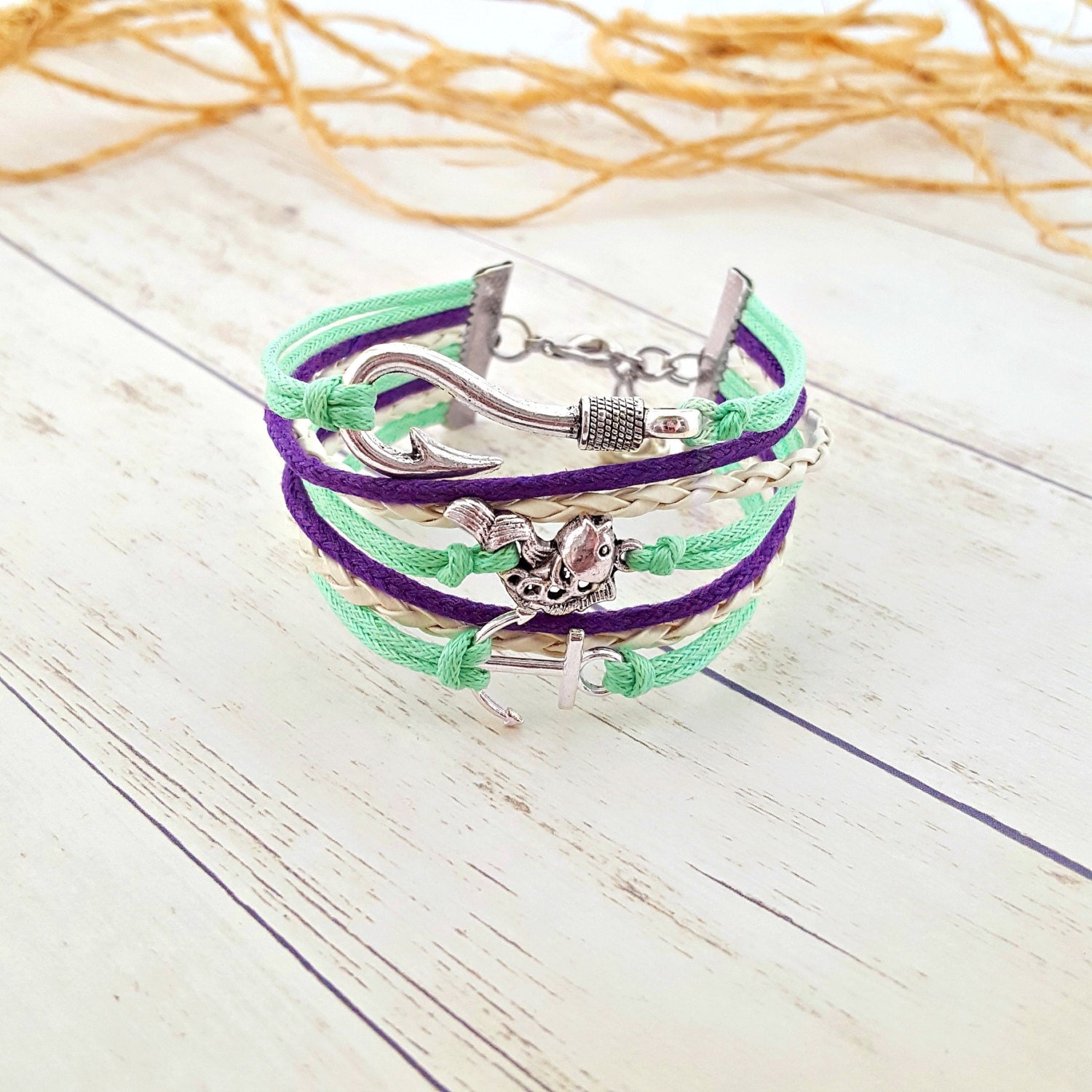Fish Bracelet Fish Hook Bracelet Anchor by RiverbendBraceletCo