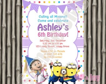 Agnes & Minions Invitation, Despicable Me Agnes Unicorn Invite, Birthday Invitation, Birthday Invite, Rainbow, Polka Dots, PRINTABLE
