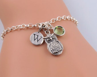 Silver Owl Bracelet, Tiny Owl Charm Bracelet, Sterling Silver Owl Jewelry, Wise Owl, Bird Bracelet, Personalized Owl, Birthstone Bracelet