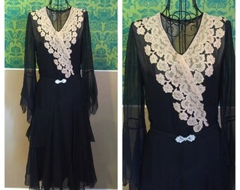 SALE - Vintage 1920s Black Dress - Witchy Sleeves, Asymetrical Hem, Silver Belt Buckle - S M