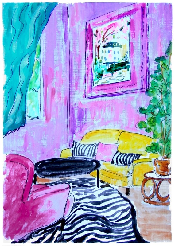 Pink Wall. Zebra print rug. by OldPenArtStudio on Etsy