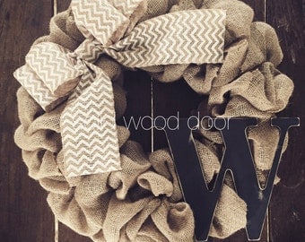 Spring Chevron Burlap Wreath, LARGE Burlap Wreath with Initial, LARGE 22" White Chevron Stripe Bow, Monogram, spring Easter wreath