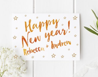 Personalised New Year Card Happy New Year Card Personalised With Any Name or Two Names - New Year 2016 Card With Stars & Watercolour Effect